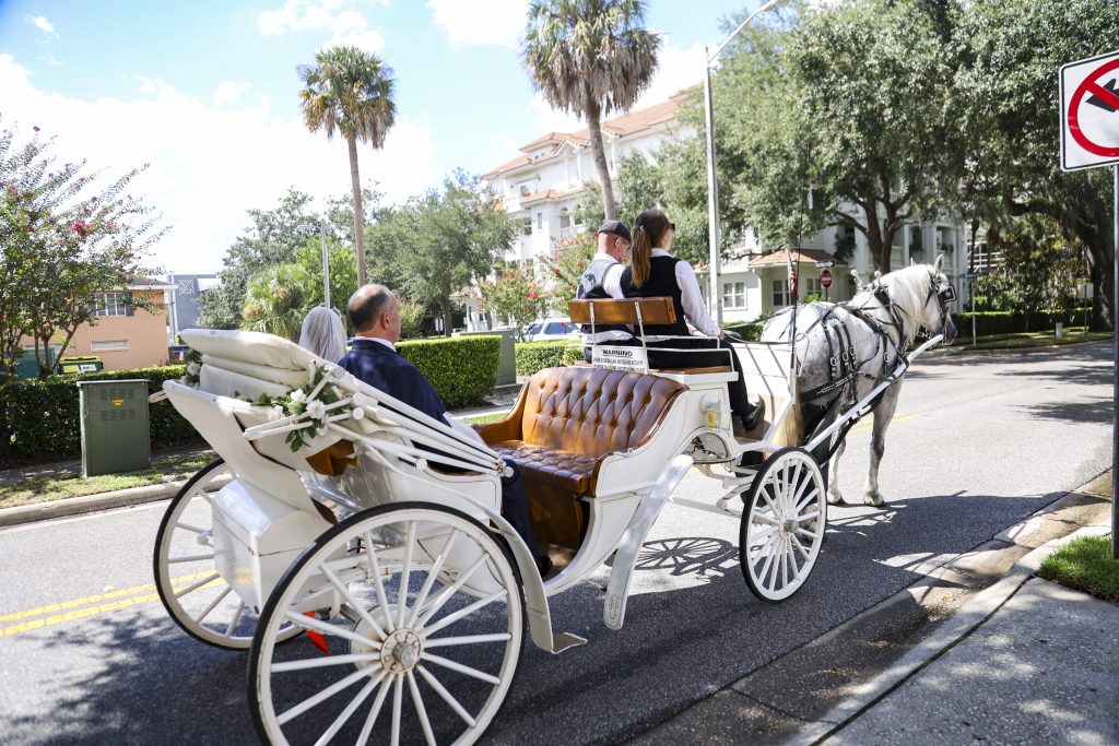 Tonya and David riding away in a white horse and carriage after their Winter Park wedding ceremony.